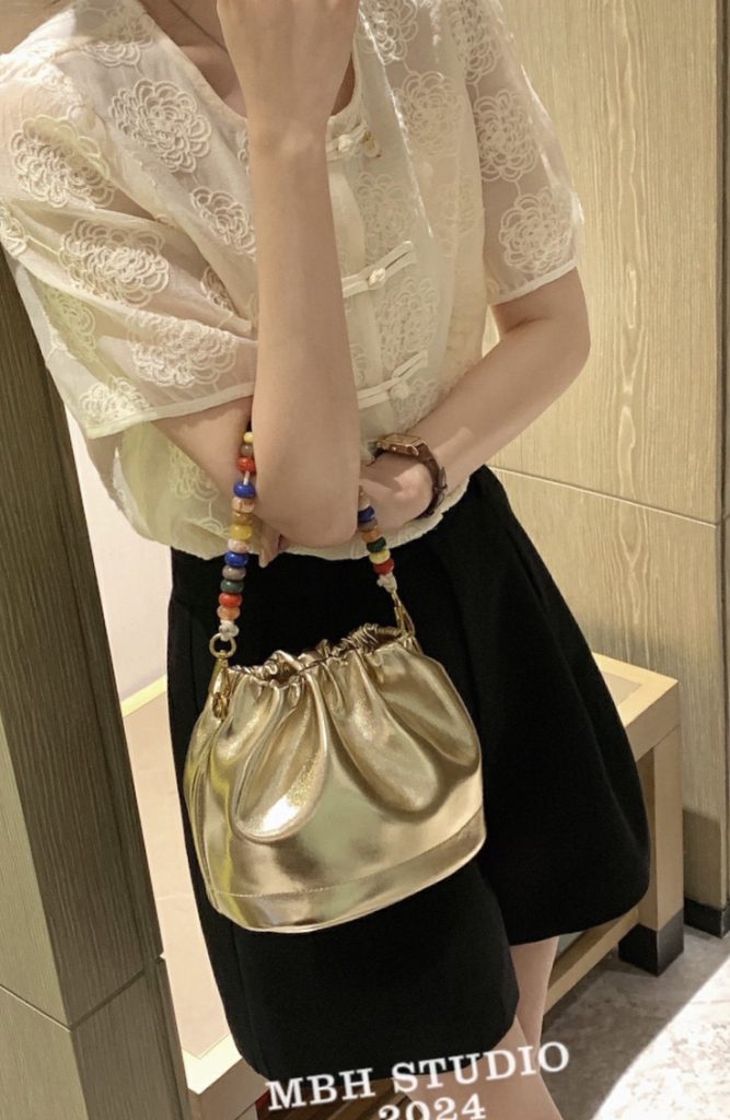 MBH Colorful Beaded Ruched Bucket Crossbody Bag with Shoulder Strap