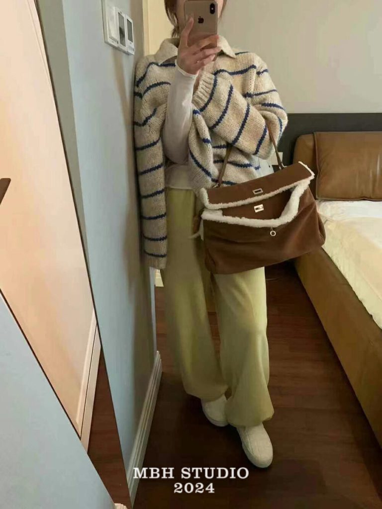 MBH Brown Suede and Shearling Tote Bag with Lock Closure for Commute