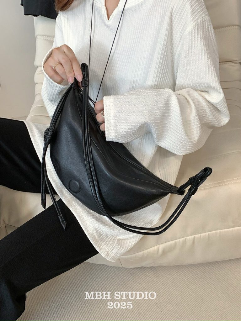 MBH Korean Niche Vegetable-Tanned Sheepskin Croissant Bag Vintage Half-Moon Genuine Leather Shoulder Crossbody Bag
