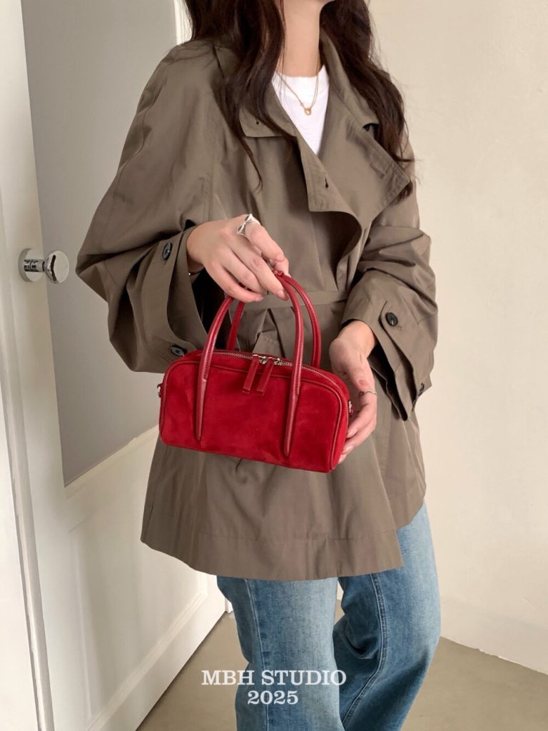 MBH Sheepskin Suede Mini Bowling Bag Boston Handbag with Shoulder Strap