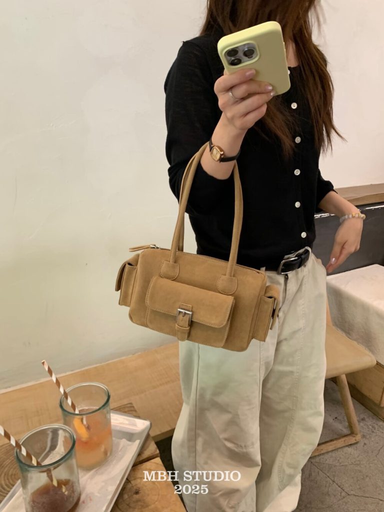 MBH Frosted Leather Multi-Pocket Boston Bag Retro Casual Biker Large Capacity Commuter Bowling Shoulder Bag
